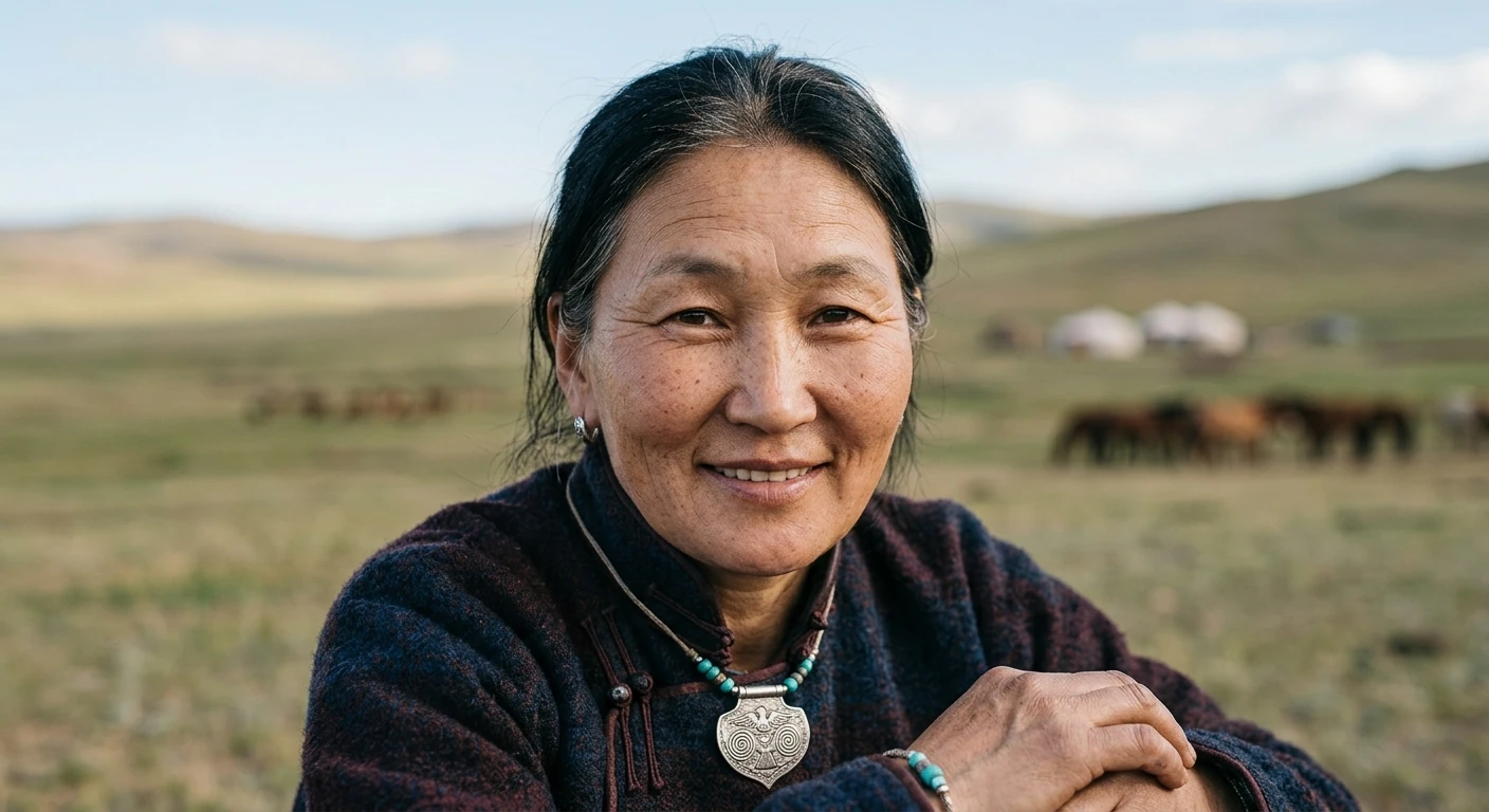 Anya Udgan, in de Mongoolse steppe. In de verte joerten en een kudde paarden.